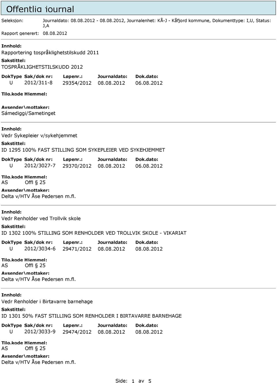 STLLNG SOM SYKEPLEER VED SYKEHJEMMET 2012/3027-7 29370/2012 Vedr Renholder ved Trollvik skole D 1302 100% STLLNG SOM RENHOLDER VED TROLLVK