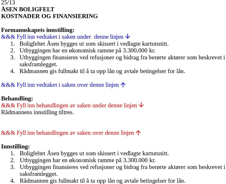 Rådmannen gis fullmakt til å ta opp lån og avtale betingelser for lån. Rådmannens innstilling tiltres. 1. Boligfeltet Åsen bygges ut som skissert i vedlagte kartutsnitt. 2.