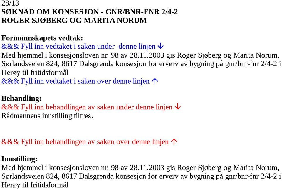 2003 gis Roger Sjøberg og Marita Norum, Sørlandsveien 824, 8617 Dalsgrenda konsesjon for erverv av bygning på gnr/bnr-fnr 2/4-2 i