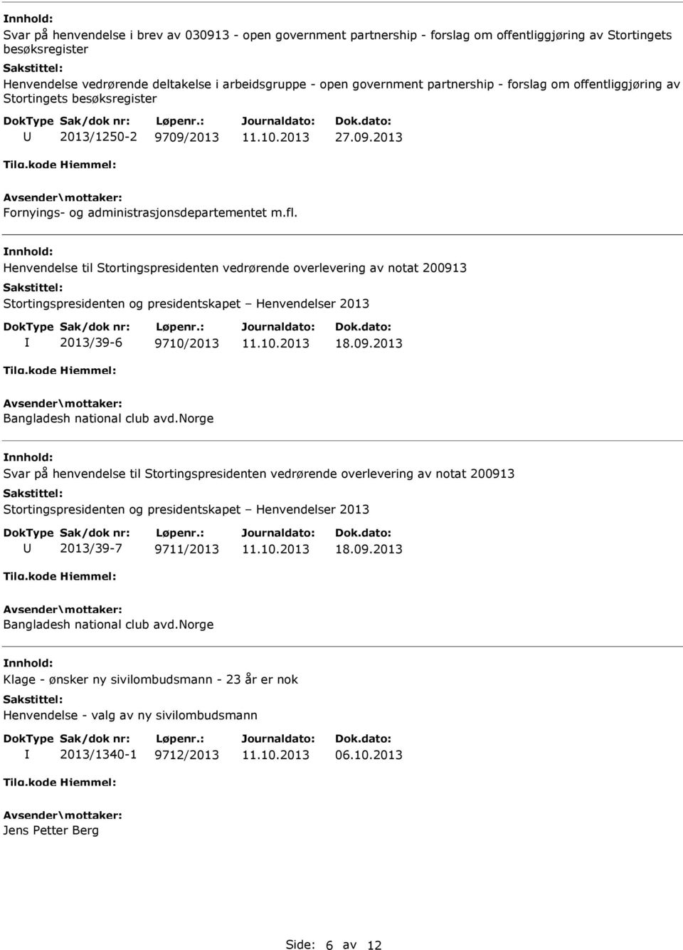 Henvendelse til Stortingspresidenten vedrørende overlevering av notat 200913 Stortingspresidenten og presidentskapet Henvendelser 2013 2013/39-6 9710/2013 18.09.2013 Bangladesh national club avd.