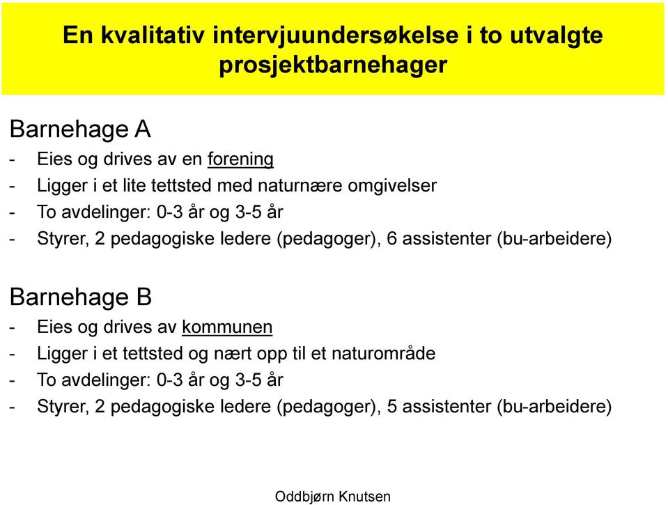 (pedagoger), 6 assistenter (bu-arbeidere) Barnehage B - Eies og drives av kommunen - Ligger i et tettsted og nært opp