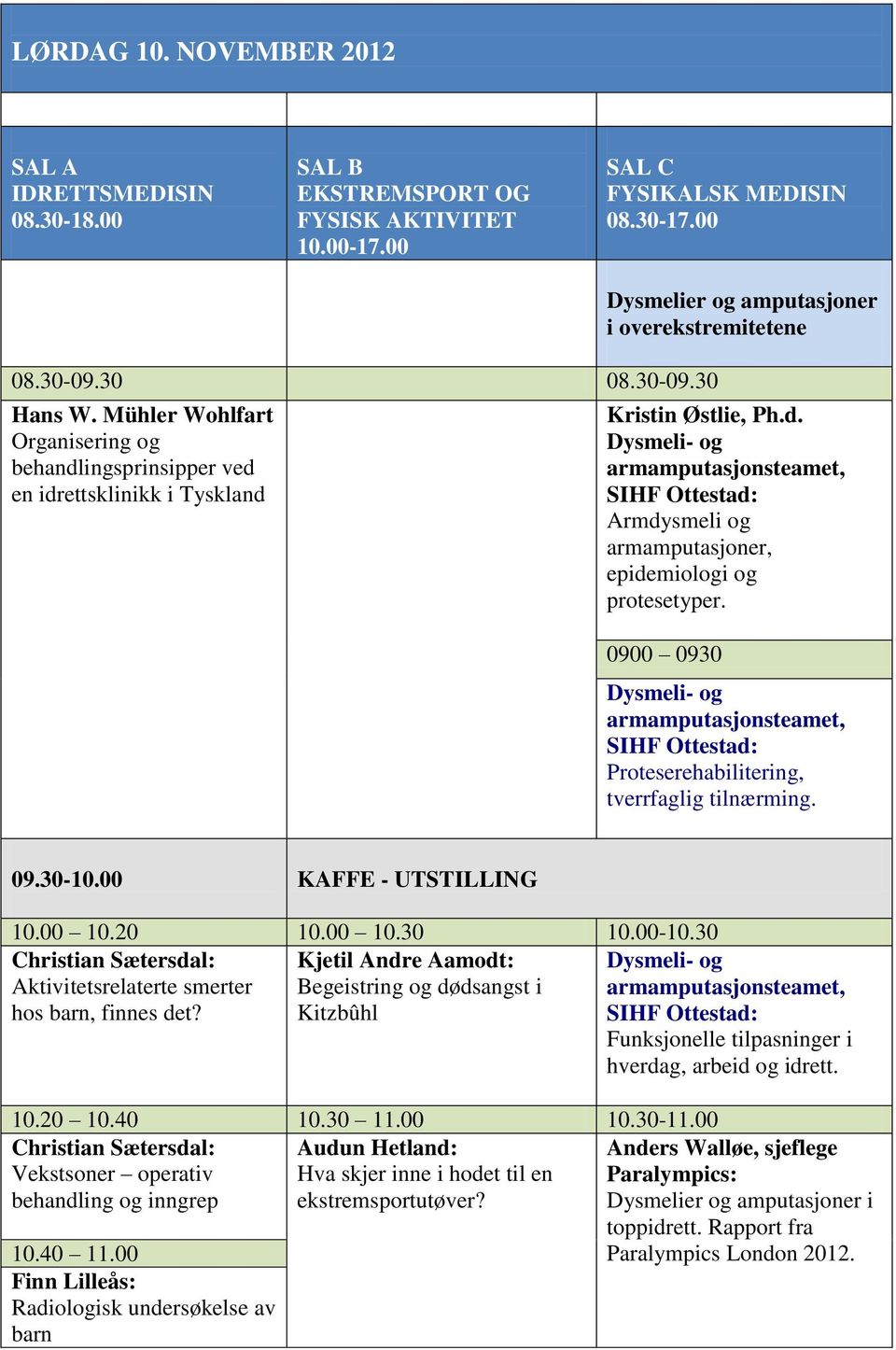 0900 0930 Proteserehabilitering, tverrfaglig tilnærming. 09.30-10.00 KAFFE - UTSTILLING 10.00 10.20 10.00 10.30 10.00-10.30 Christian Sætersdal: Aktivitetsrelaterte smerter hos barn, finnes det?