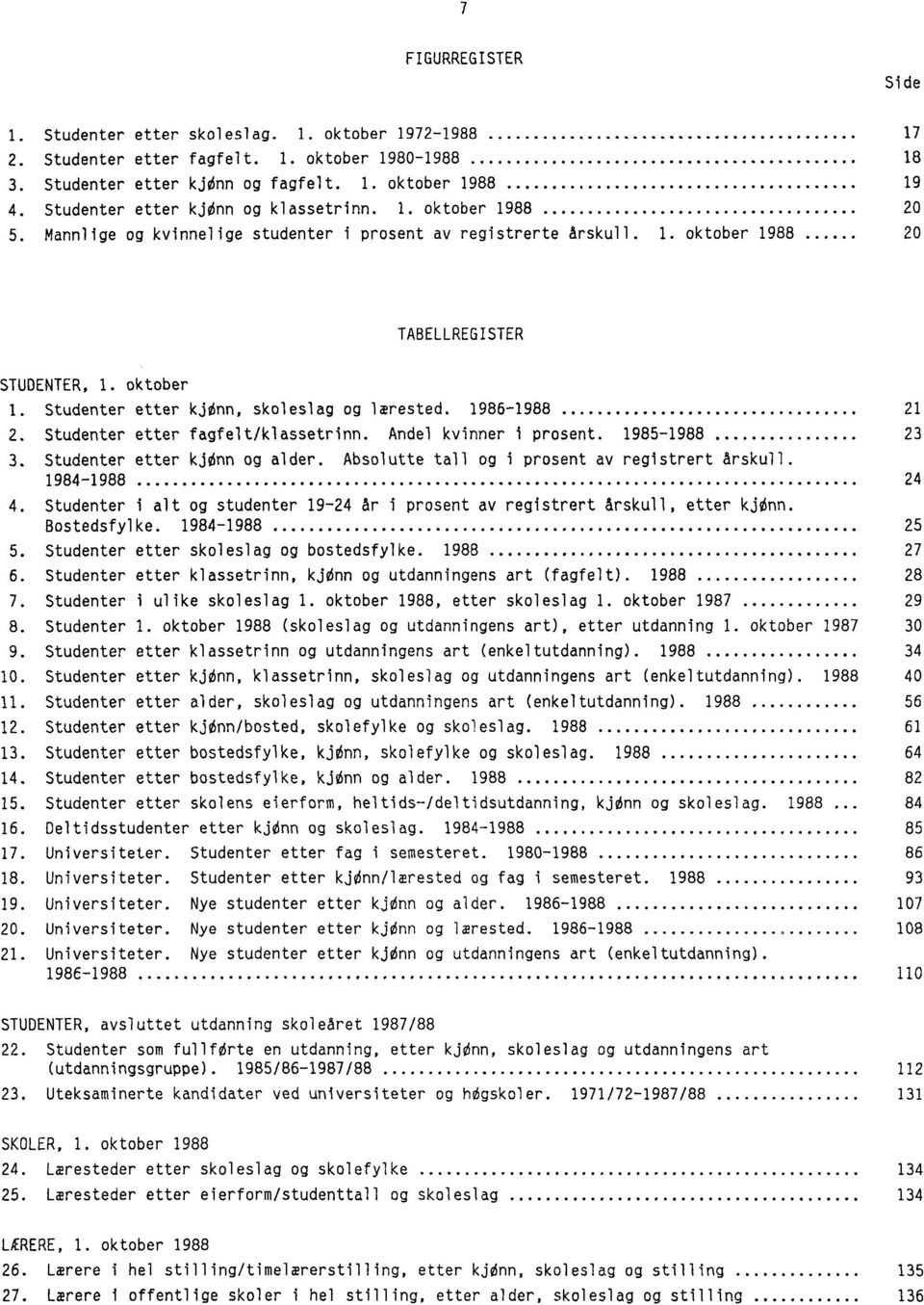 19861988 21 2. Studenter etter fagfelt/klassetrinn. Andel kvinner i prosent. 19851988 23 3. Studenter etter kjonn og alder. Absolutte tall og i prosent av registrert årskull. 19841988 24 4.