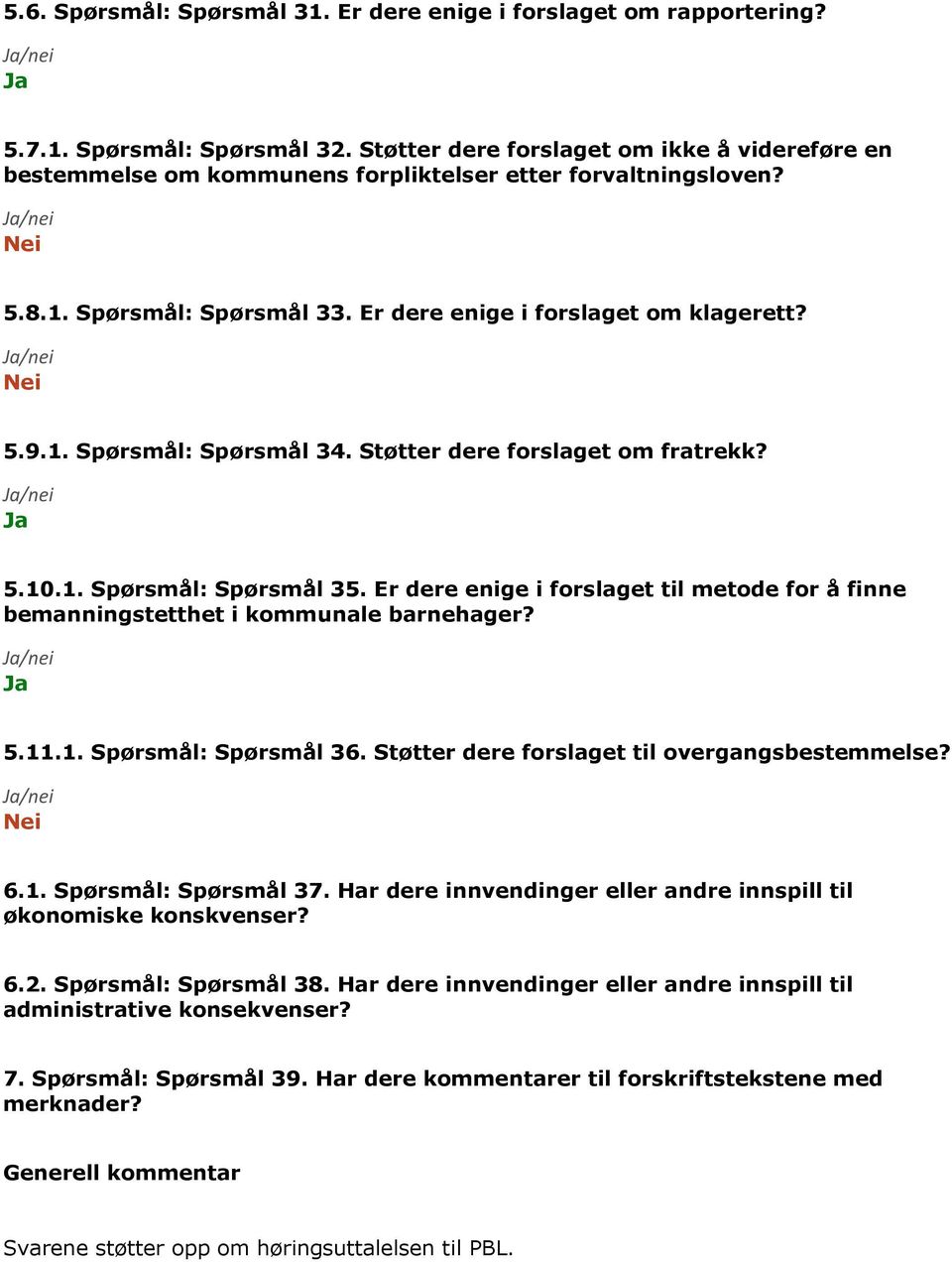 Støtter dere forslaget om fratrekk? 5.10.1. Spørsmål: Spørsmål 35. Er dere enige i forslaget til metode for å finne bemanningstetthet i kommunale barnehager? 5.11.1. Spørsmål: Spørsmål 36.