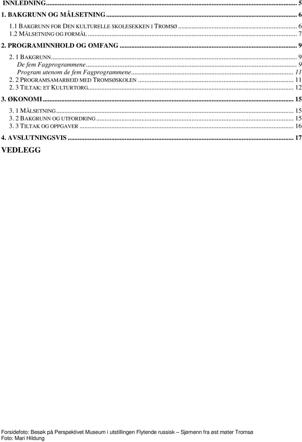 2 PROGRAMSAMARBEID MED TROMSØSKOLEN... 11 2. 3 TILTAK: ET KULTURTORG... 12 3. ØKONOMI... 15 3. 1 MÅLSETNING... 15 3. 2 BAKGRUNN OG UTFORDRING... 15 3. 3 TILTAK OG OPPGAVER.