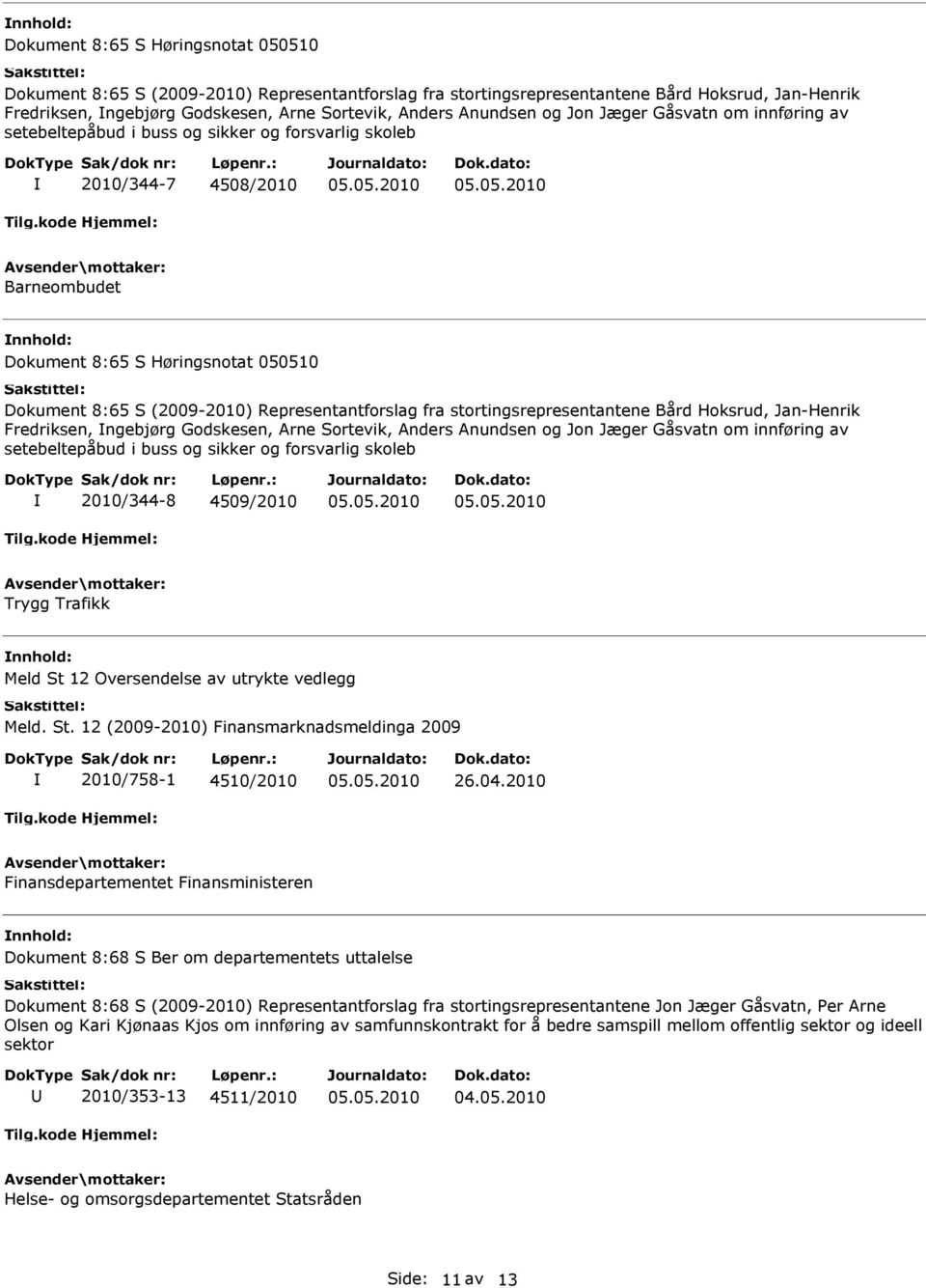 buss og sikker og forsvarlig skoleb 2010/344-8 4509/2010 Trygg Trafikk Meld St 12 Oversendelse av utrykte vedlegg Meld. St. 12 (2009-2010) Finansmarknadsmeldinga 2009 2010/758-1 4510/2010 26.04.