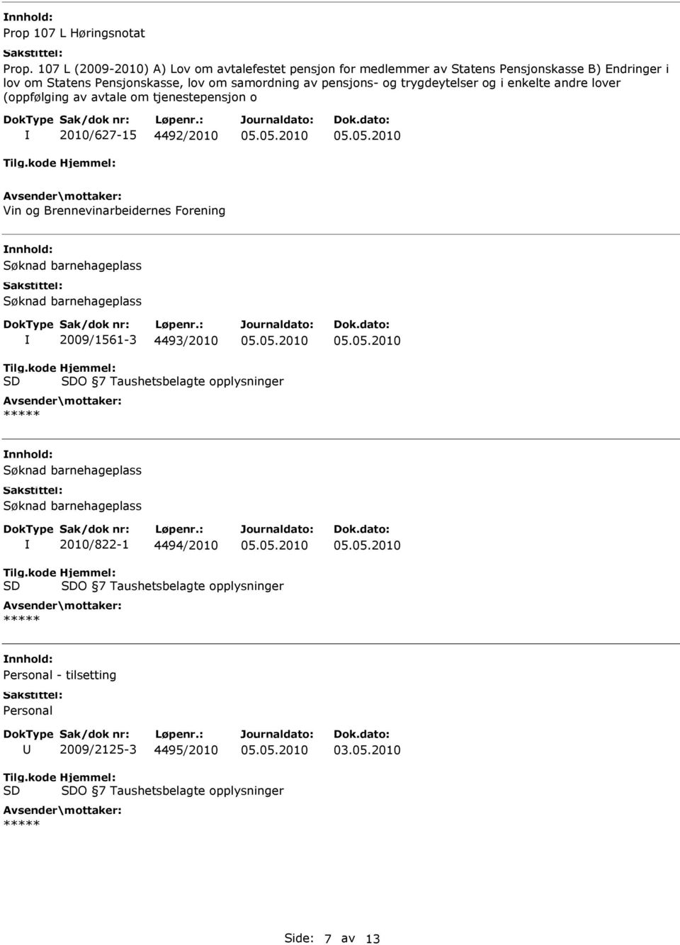 i enkelte andre lover (oppfølging av avtale om tjenestepensjon o 2010/627-15 4492/2010 Vin og Brennevinarbeidernes Forening Søknad barnehageplass Søknad barnehageplass 2009/1561-3