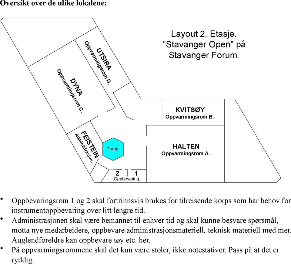 Oppbevaringsrom 1 og 2 skal fortrinnsvis brukes for tilreisende korps som har behov for instrumentoppbevaring over litt lengre tid.