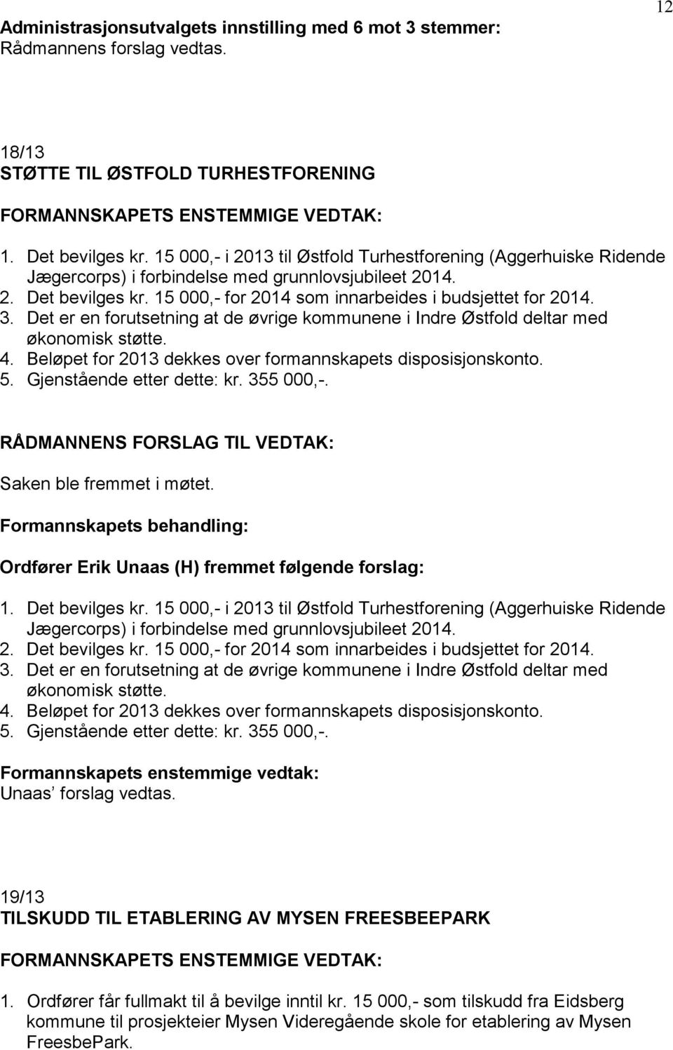 Det er en forutsetning at de øvrige kommunene i Indre Østfold deltar med økonomisk støtte. 4. Beløpet for 2013 dekkes over formannskapets disposisjonskonto. 5. Gjenstående etter dette: kr. 355 000,-.