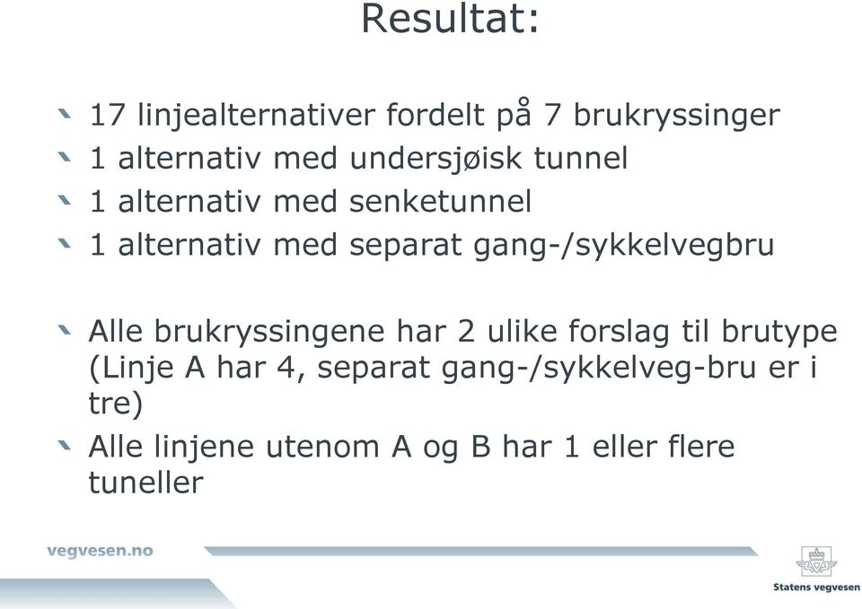 gang-/sykkelvegbru Alle brukryssingene har 2 ulike forslag til brutype (Linje A