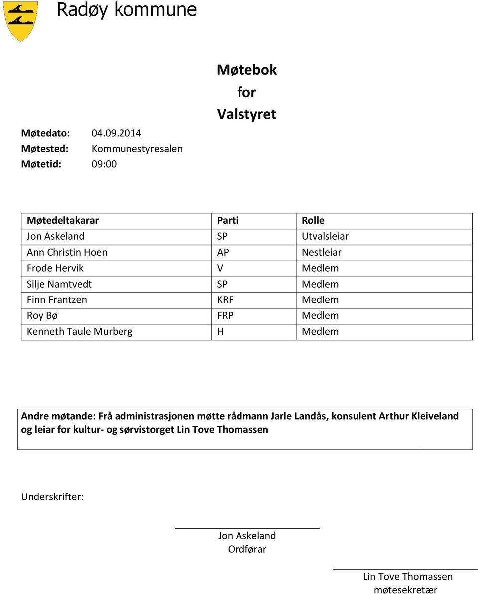 Ann Christin Hoen AP Nestleiar Frode Hervik V Medlem Silje Namtvedt SP Medlem Finn Frantzen KRF Medlem Roy Bø FRP Medlem