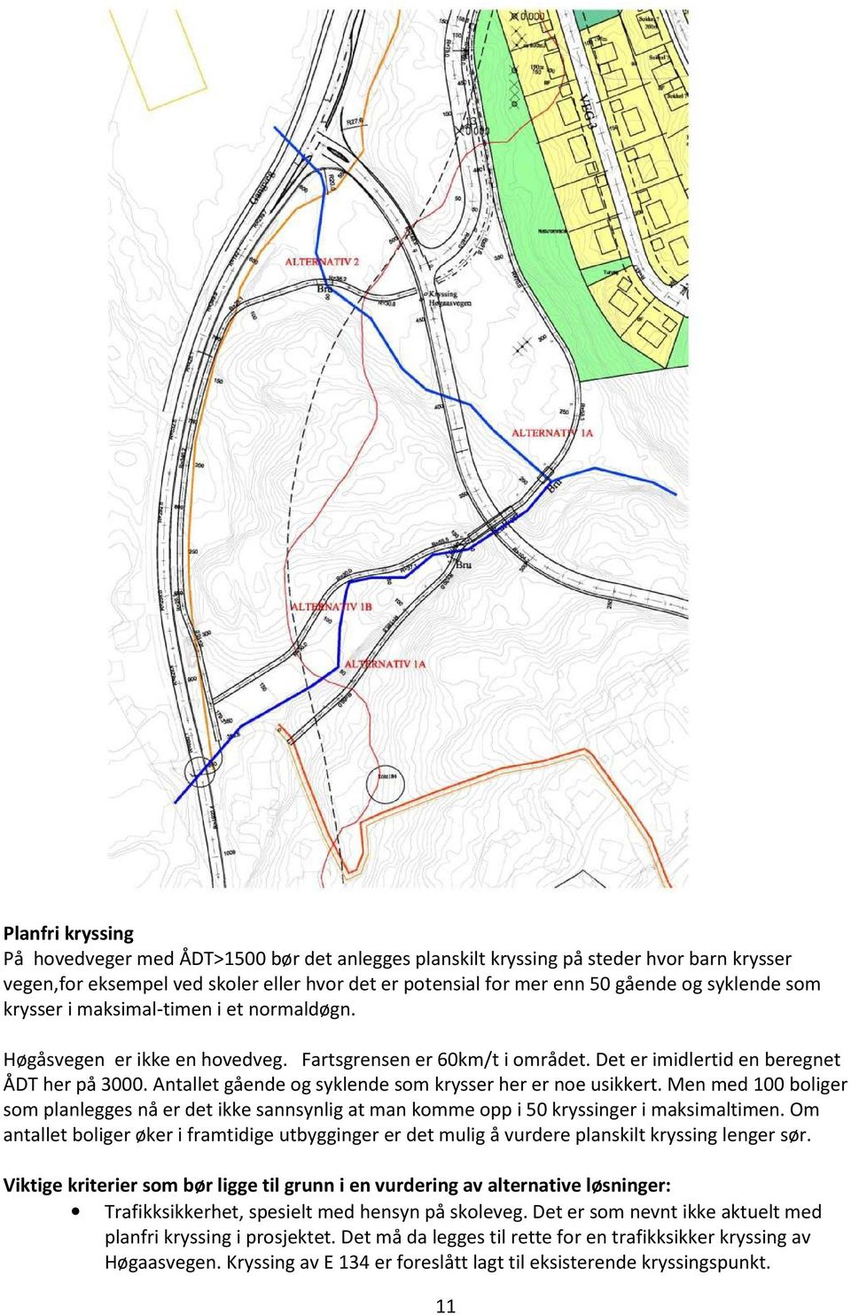 Antallet gående og syklende som krysser her er noe usikkert. Men med 100 boliger som planlegges nå er det ikke sannsynlig at man komme opp i 50 kryssinger i maksimaltimen.