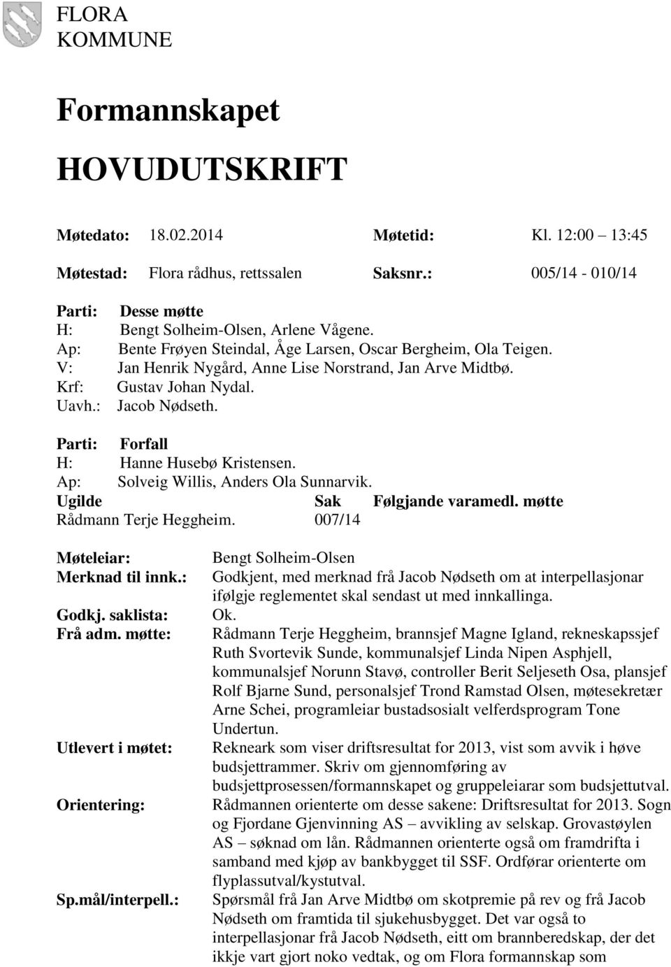 Krf: Gustav Johan Nydal. Uavh.: Jacob Nødseth. Parti: Forfall H: Hanne Husebø Kristensen. Ap: Solveig Willis, Anders Ola Sunnarvik. Ugilde Sak Følgjande varamedl. møtte Rådmann Terje Heggheim.