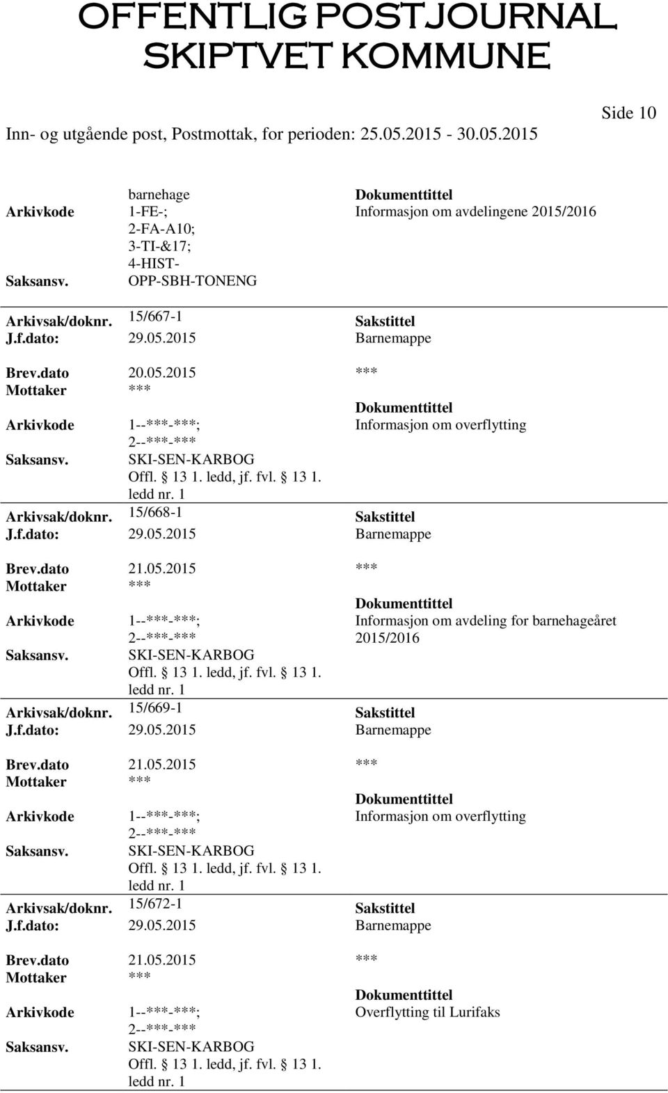 05.2015 *** Arkivsak/doknr. 15/669-1 Sakstittel J.f.dato: 29.05.2015 Barnemappe Informasjon om avdeling for barnehageåret 2015/2016 Brev.dato 21.05.2015 *** Informasjon om overflytting Arkivsak/doknr.