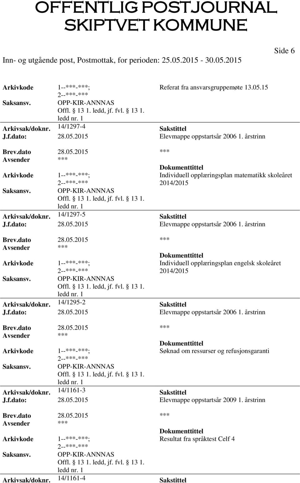 14/1295-2 Sakstittel J.f.dato: 28.05.2015 Elevmappe oppstartsår 2006 1. årstrinn Brev.dato 28.05.2015 *** Søknad om ressurser og refusjonsgaranti OPP-KIR-ANNNAS Arkivsak/doknr. 14/1161-3 Sakstittel J.