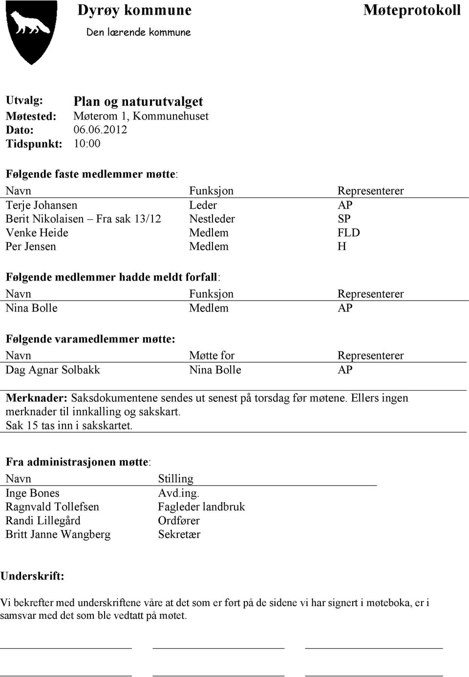 Følgende medlemmer hadde meldt forfall: Navn Funksjon Representerer Nina Bolle Medlem AP Følgende varamedlemmer møtte: Navn Møtte for Representerer Dag Agnar Solbakk Nina Bolle AP Merknader: