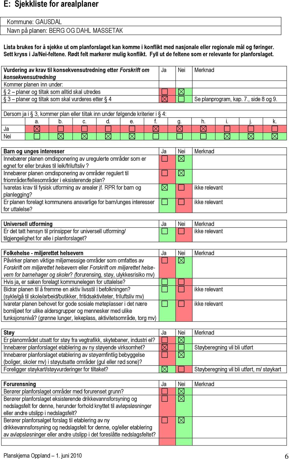 Vurdering av krav til konsekvensutredning etter Forskrift om Ja Nei Merknad konsekvensutredning Kommer planen inn under: 2 planer og tiltak som alltid skal utredes 3 planer og tiltak som skal