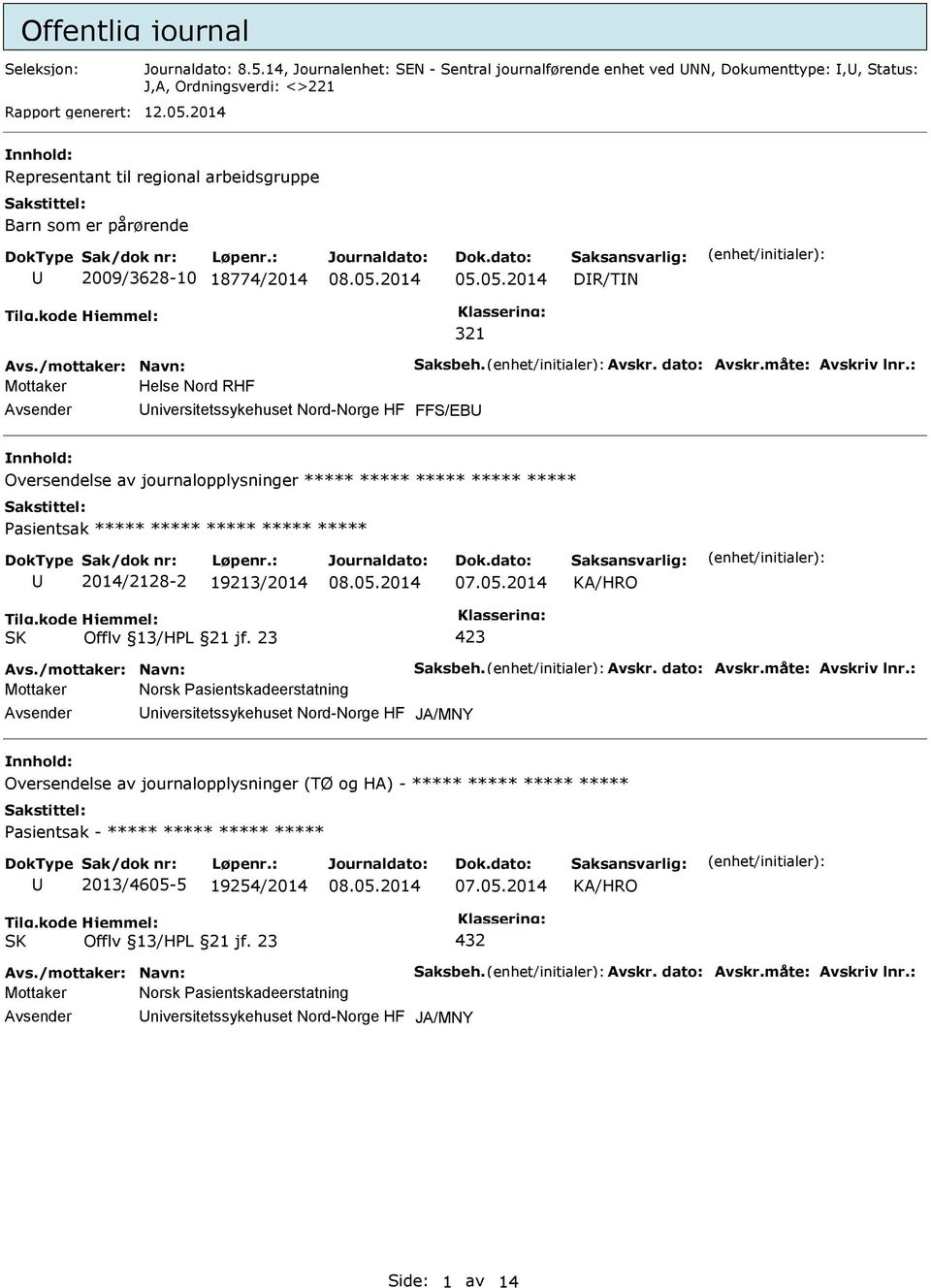 : Mottaker Helse Nord RHF niversitetssykehuset Nord-Norge HF FFS/EB Oversendelse av journalopplysninger ***** ***** ***** ***** ***** 2014/2128-2 19213/2014 Avs./mottaker: Navn: Saksbeh. Avskr.