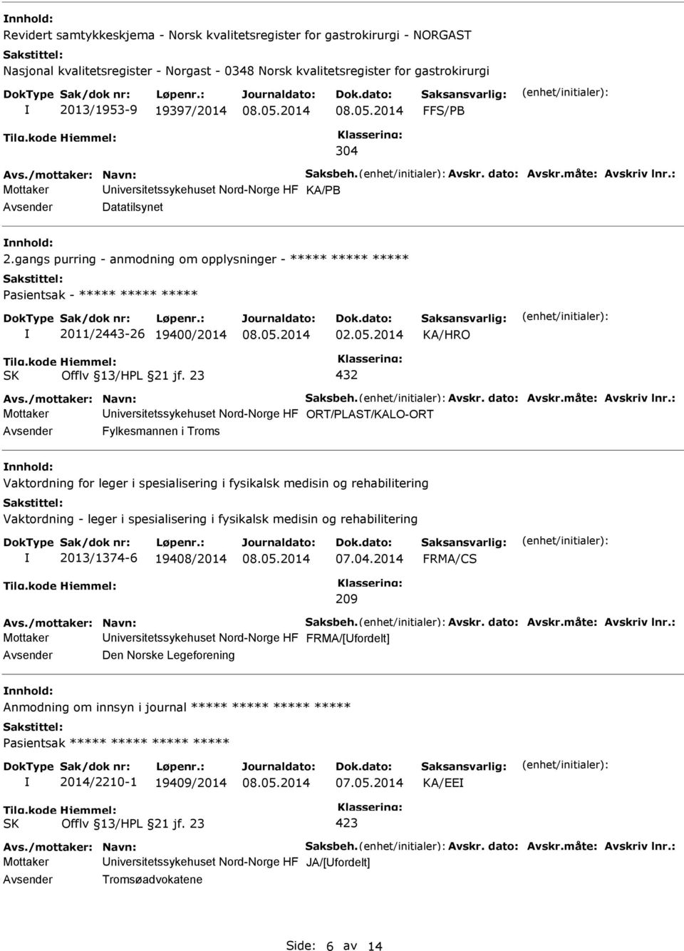 gangs purring - anmodning om opplysninger - ***** ***** ***** Pasientsak - ***** ***** ***** 2011/2443-26 19400/2014 02.05.2014 Avs./mottaker: Navn: Saksbeh. Avskr. dato: Avskr.måte: Avskriv lnr.