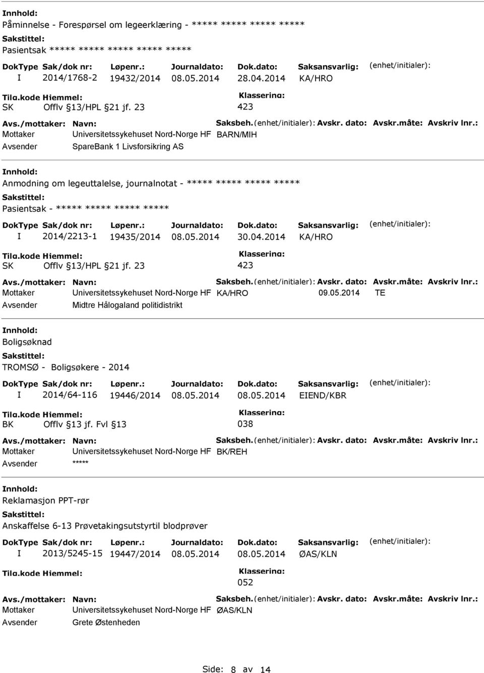 /mottaker: Navn: Saksbeh. Avskr. dato: Avskr.måte: Avskriv lnr.: Mottaker niversitetssykehuset Nord-Norge HF 09.05.