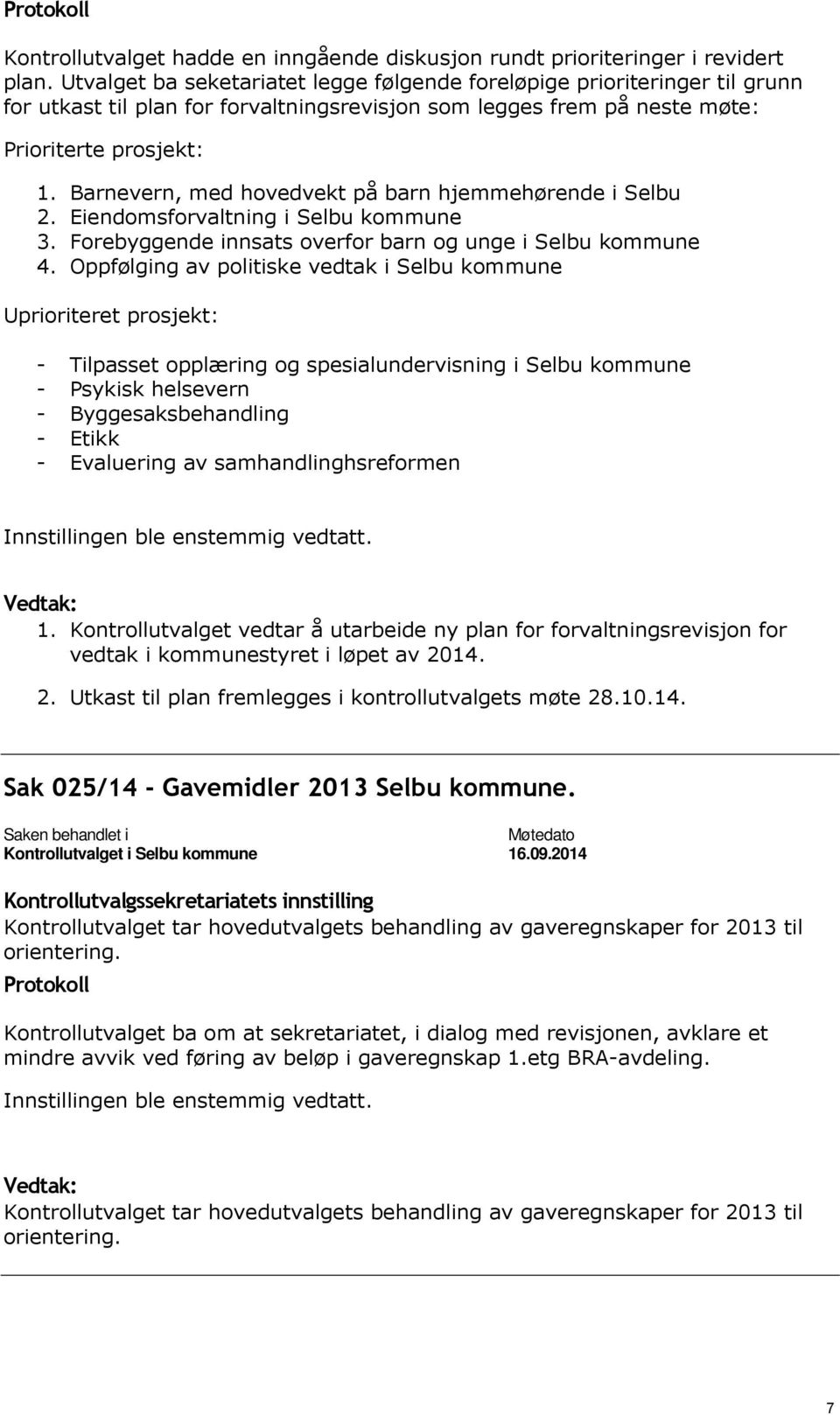 Barnevern, med hovedvekt på barn hjemmehørende i Selbu Eiendomsforvaltning i Selbu kommune Forebyggende innsats overfor barn og unge i Selbu kommune Oppfølging av politiske vedtak i Selbu kommune