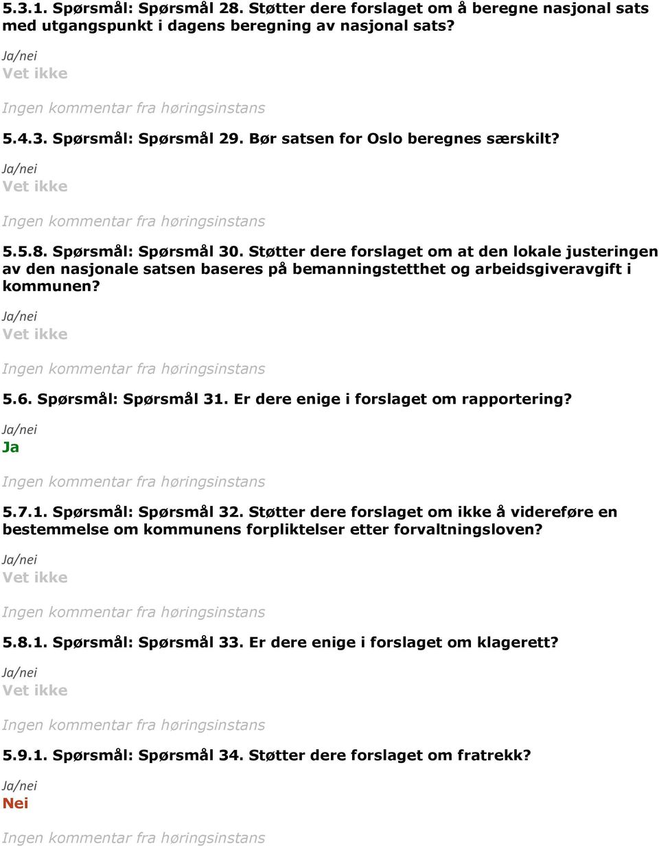 Støtter dere forslaget om at den lokale justeringen av den nasjonale satsen baseres på bemanningstetthet og arbeidsgiveravgift i kommunen? 5.6. Spørsmål: Spørsmål 31.