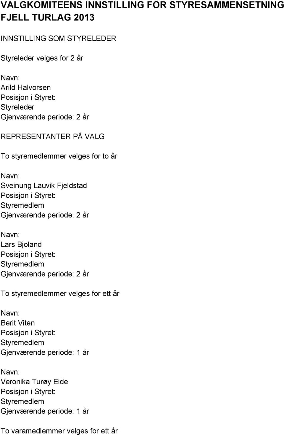 styremedlemmer velges for to år Sveinung Lauvik Fjeldstad Gjenværende periode: 2 år Lars Bjoland