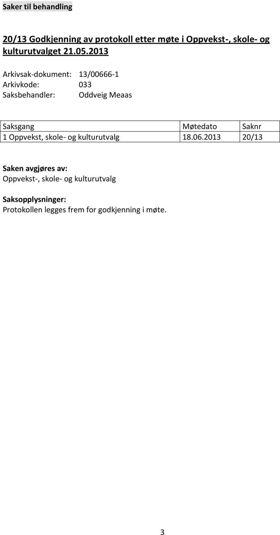 2013 Arkivsak-dokument: 13/00666-1 Arkivkode: 033 Saksbehandler: Oddveig Meaas Saksgang