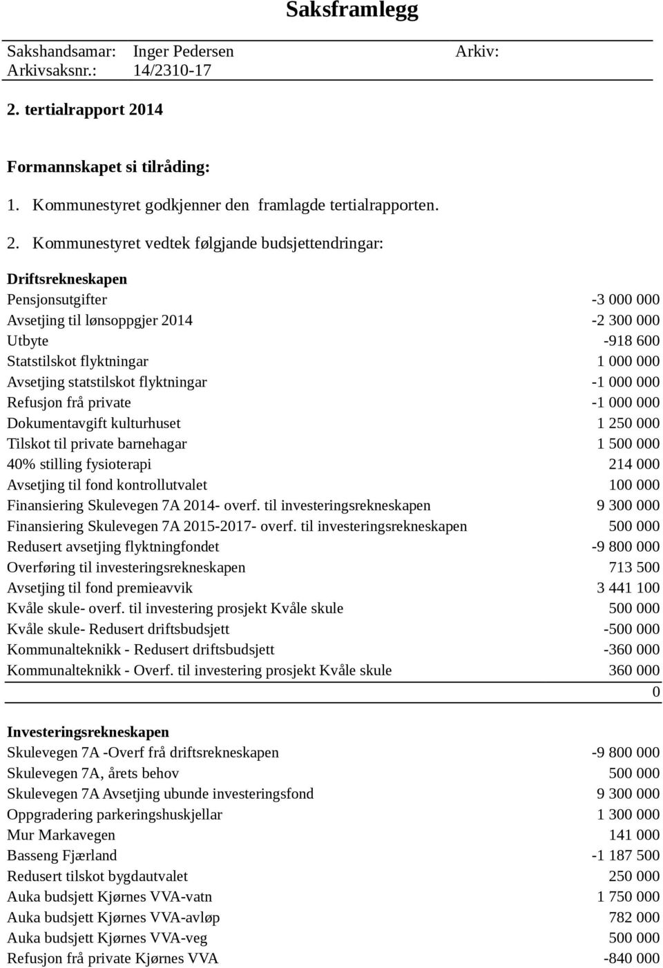 4 Formannskapet si tilråding: 1. Kommunestyret godkjenner den framlagde tertialrapporten. 2.