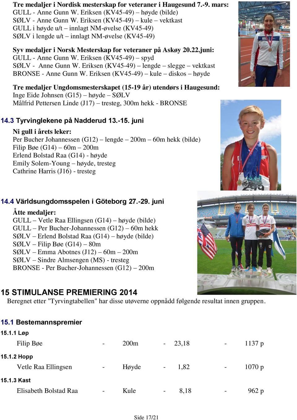 juni: GULL - Anne Gunn W. Eriksen (KV45-49) spyd SØLV - Anne Gunn W. Eriksen (KV45-49) lengde slegge vektkast BRONSE - Anne Gunn W.