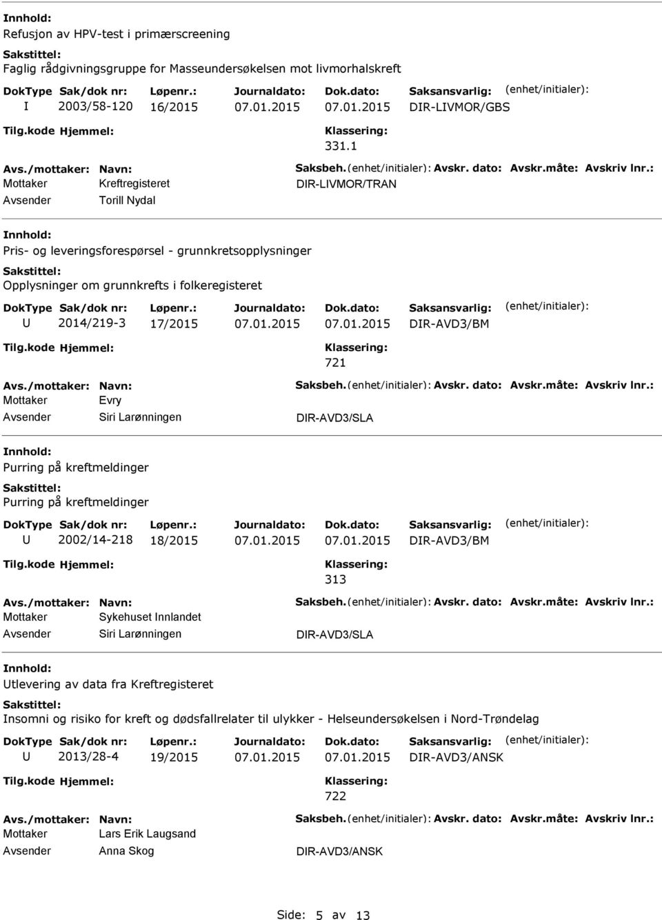 Larønningen DR-AVD3/SLA Purring på kreftmeldinger Purring på kreftmeldinger 2002/14-218 18/2015 DR-AVD3/BM 313 Mottaker Sykehuset nnlandet Siri Larønningen DR-AVD3/SLA tlevering