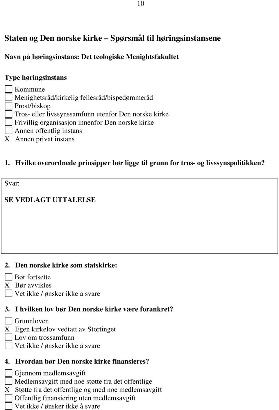 Hvilke overordnede prinsipper bør ligge til grunn for tros- og livssynspolitikken? Svar: SE VEDLAGT UTTALELSE 2. Den norske kirke som statskirke: Bør fortsette X Bør avvikles 3.