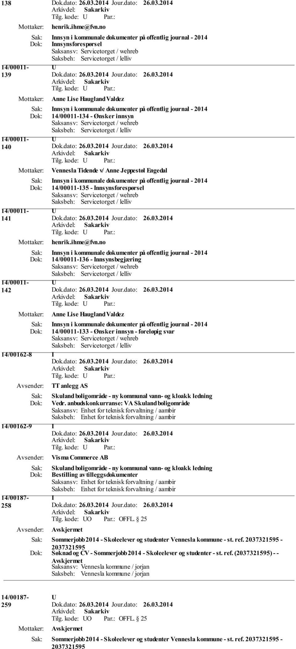 Anne Lise Haugland Valdez Innsyn i kommunale dokumenter på offentlig journal - 2014 14/00011-134 - Ønsker innsyn Saksansv: Servicetorget / wehreb Saksbeh: Servicetorget / lelliv Vennesla Tidende v/