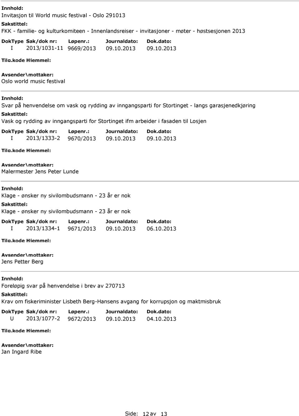 2013/1333-2 9670/2013 Malermester Jens Peter Lunde Klage - ønsker ny sivilombudsmann - 23 år er nok Klage - ønsker ny sivilombudsmann - 23 år er nok 2013/1334-1 9671/2013 06.10.