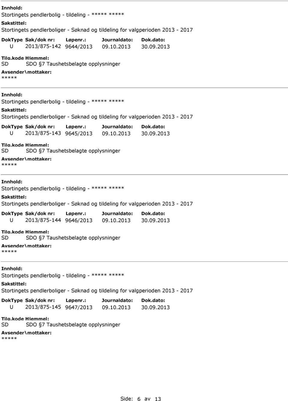 Stortingets pendlerbolig - tildeling - 2013/875-144 9646/2013 O 7 Taushetsbelagte opplysninger