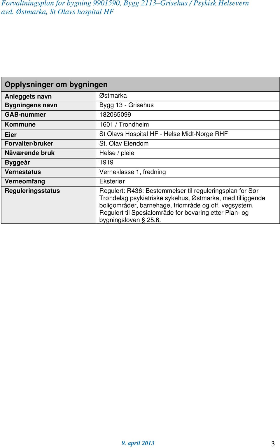 Olav Eiendom Nåværende bruk Helse / pleie Byggeår 1919 Vernestatus Verneklasse 1, fredning Verneomfang Eksteriør Reguleringsstatus Regulert: R436: