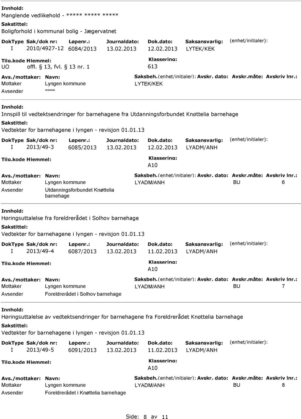 01.13 2013/49-3 6085/2013 A10 B 6 tdanningsforbundet Knøttelia barnehage Høringsuttalelse fra foreldrerådet i Solhov barnehage Vedtekter for barnehagene i lyngen - revisjon 01.01.13