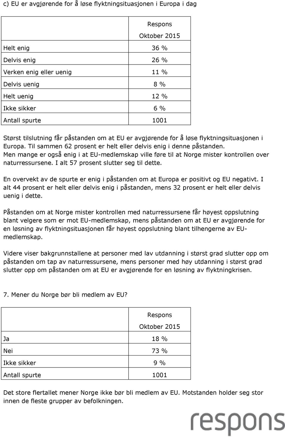 Men mange er også enig i at EU-medlemskap ville føre til at Norge mister kontrollen over naturressursene. I alt 57 prosent slutter seg til dette.