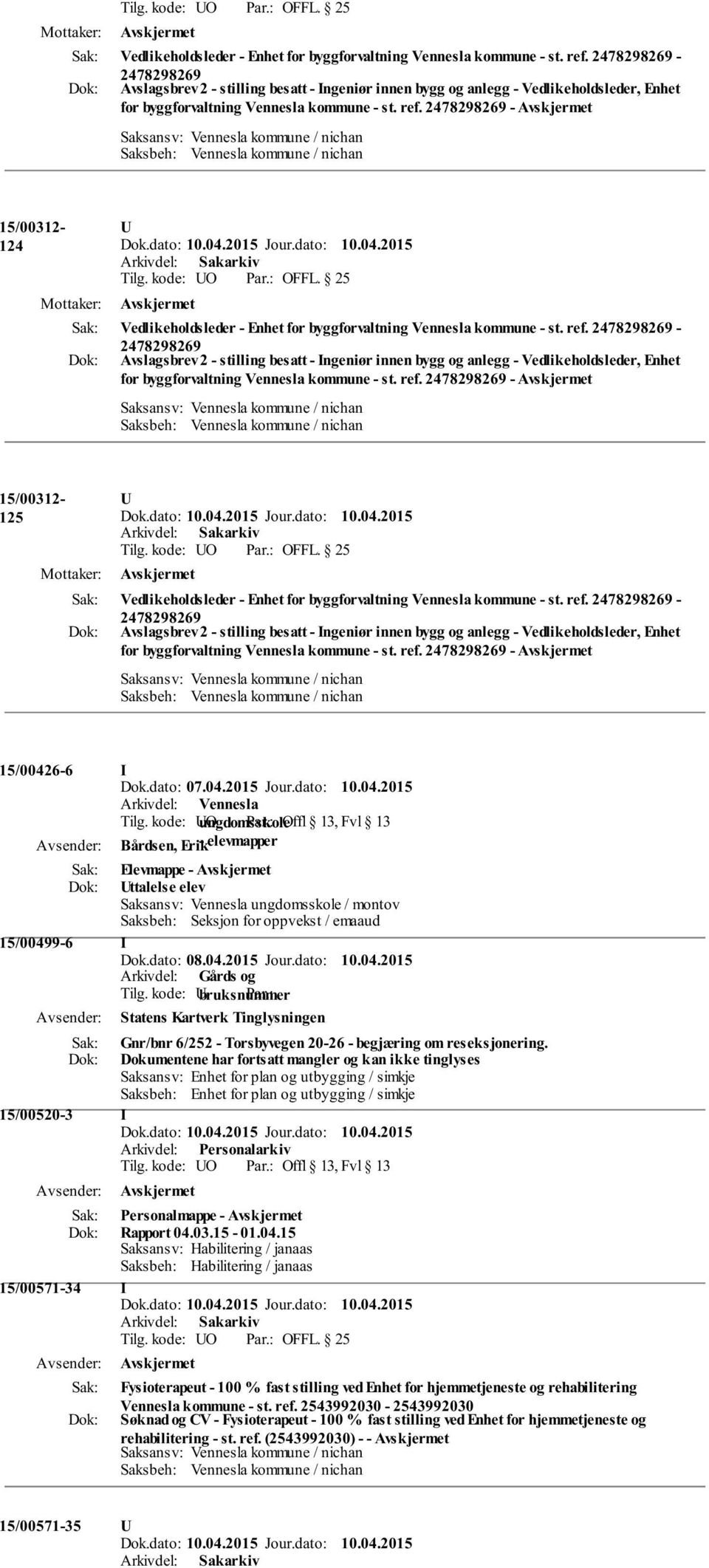 dato: 07.04.2015 Jour.dato: 10.04.2015 Tilg. kode: O ungdomsskole Par.