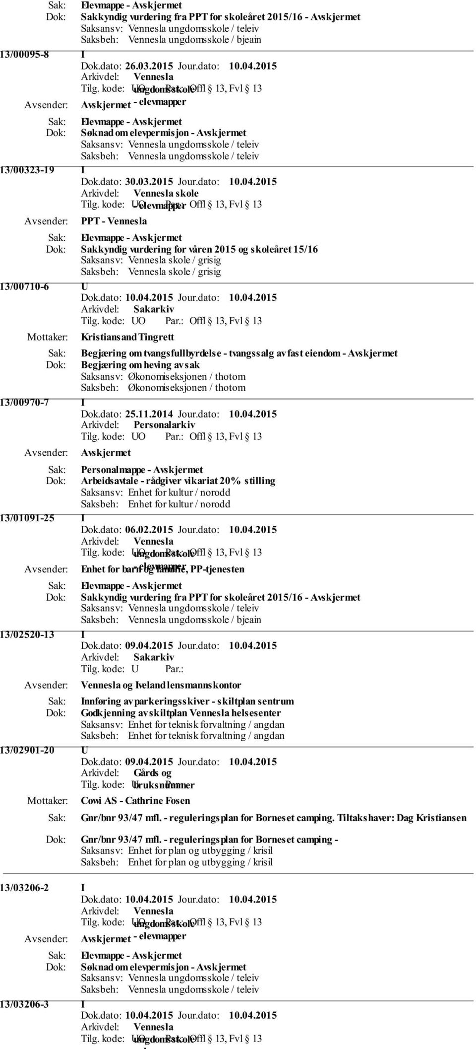 : Offl 13, Fvl 13 PPT - Vennesla Sakkyndig vurdering for våren 2015 og skoleåret 15/16 Saksansv: Vennesla skole / grisig Saksbeh: Vennesla skole / grisig 13/00710-6 Tilg. kode: O Par.