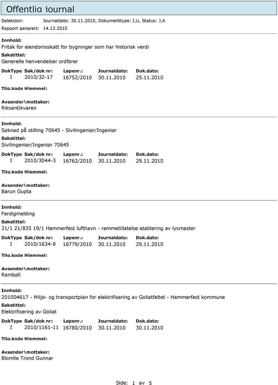 2010 Riksantikvaren nnhold: Søknad på stilling 70645 - Sivilingeniør/ngeniør Sivilingeniør/ngeniør 70645 2010/3044-3 16762/2010 29.11.