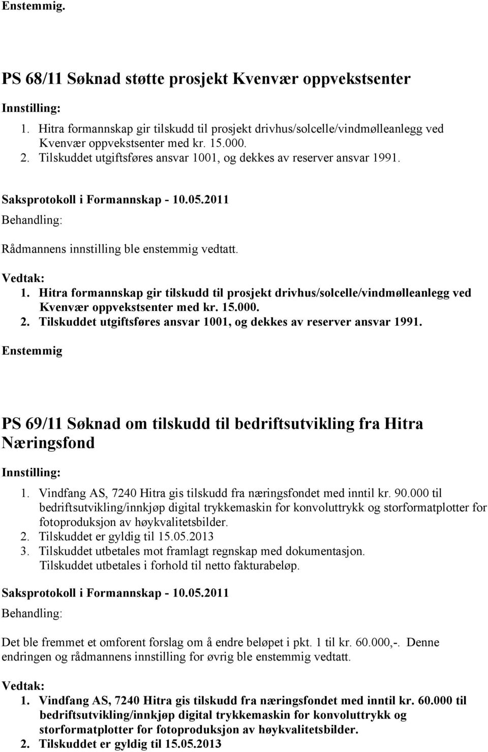 15.000. 2. Tilskuddet utgiftsføres ansvar 1001, og dekkes av reserver ansvar 1991. PS 69/11 Søknad om tilskudd til bedriftsutvikling fra Hitra Næringsfond 1.