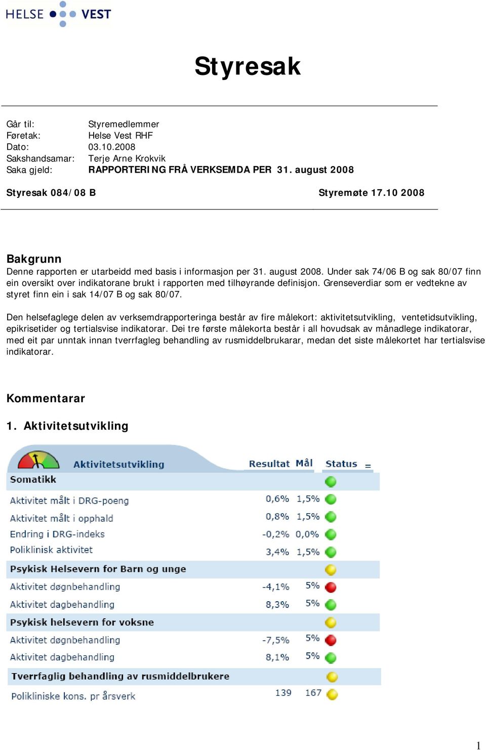 Under sak 74/06 B og sak 80/07 finn ein oversikt over indikatorane brukt i rapporten med tilhøyrande definisjon. Grenseverdiar som er vedtekne av styret finn ein i sak 14/07 B og sak 80/07.