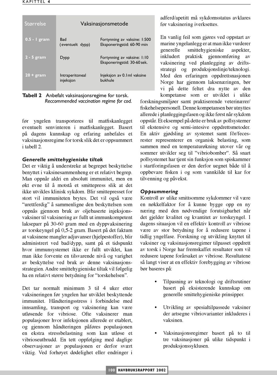 20 + gram Intraperitoneal injeksjon Tabell 2 Injeksjon av 0.1ml vaksine bukhule Anbefalt vaksinasjonsregime for torsk. Reccommended vaccination regime for cod.