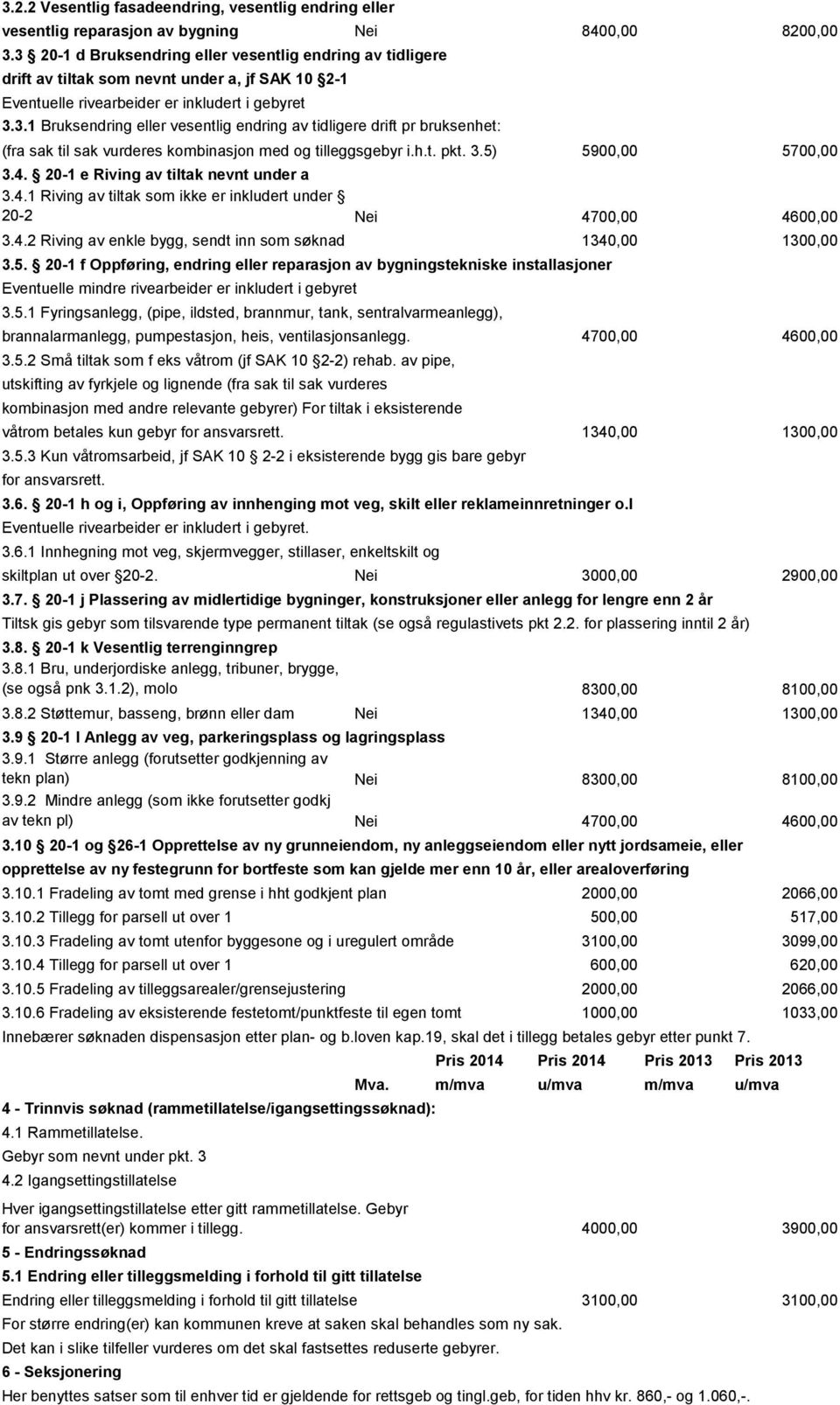 h.t. pkt. 3.5) 5900,00 5700,00 3.4. 20-1 e Riving av tiltak nevnt under a 3.4.1 Riving av tiltak som ikke er inkludert under 20-2 Nei 4700,00 4600,00 3.4.2 Riving av enkle bygg, sendt inn som søknad 1340,00 1300,00 3.