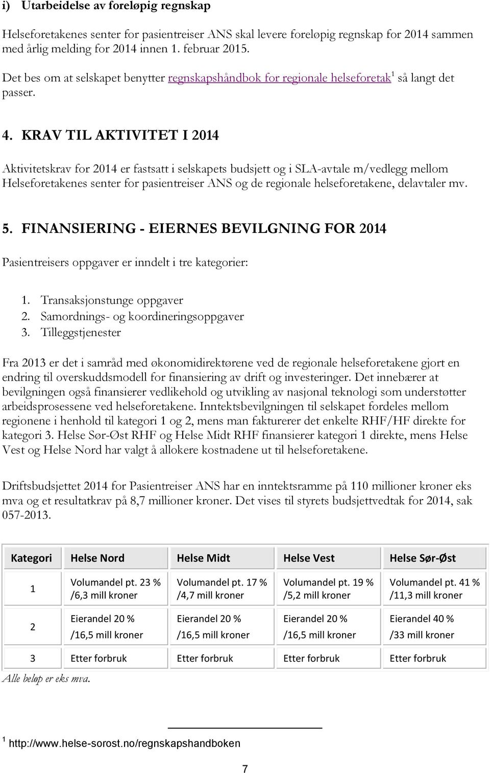 KRAV TIL AKTIVITET I 2014 Aktivitetskrav for 2014 er fastsatt i selskapets budsjett og i SLA-avtale m/vedlegg mellom Helseforetakenes senter for pasientreiser ANS og de regionale helseforetakene,