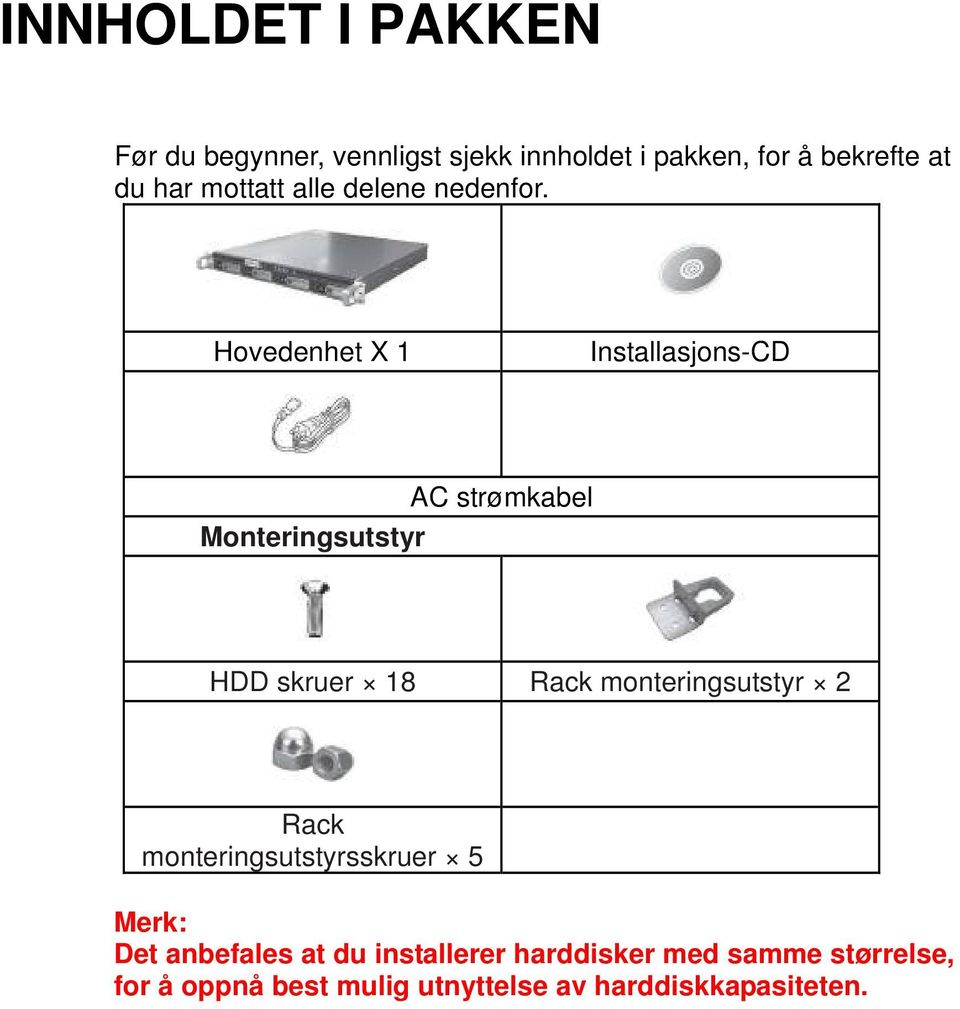 Hovedenhet X 1 Installasjons-CD AC strømkabel Monteringsutstyr HDD skruer 18 Rack