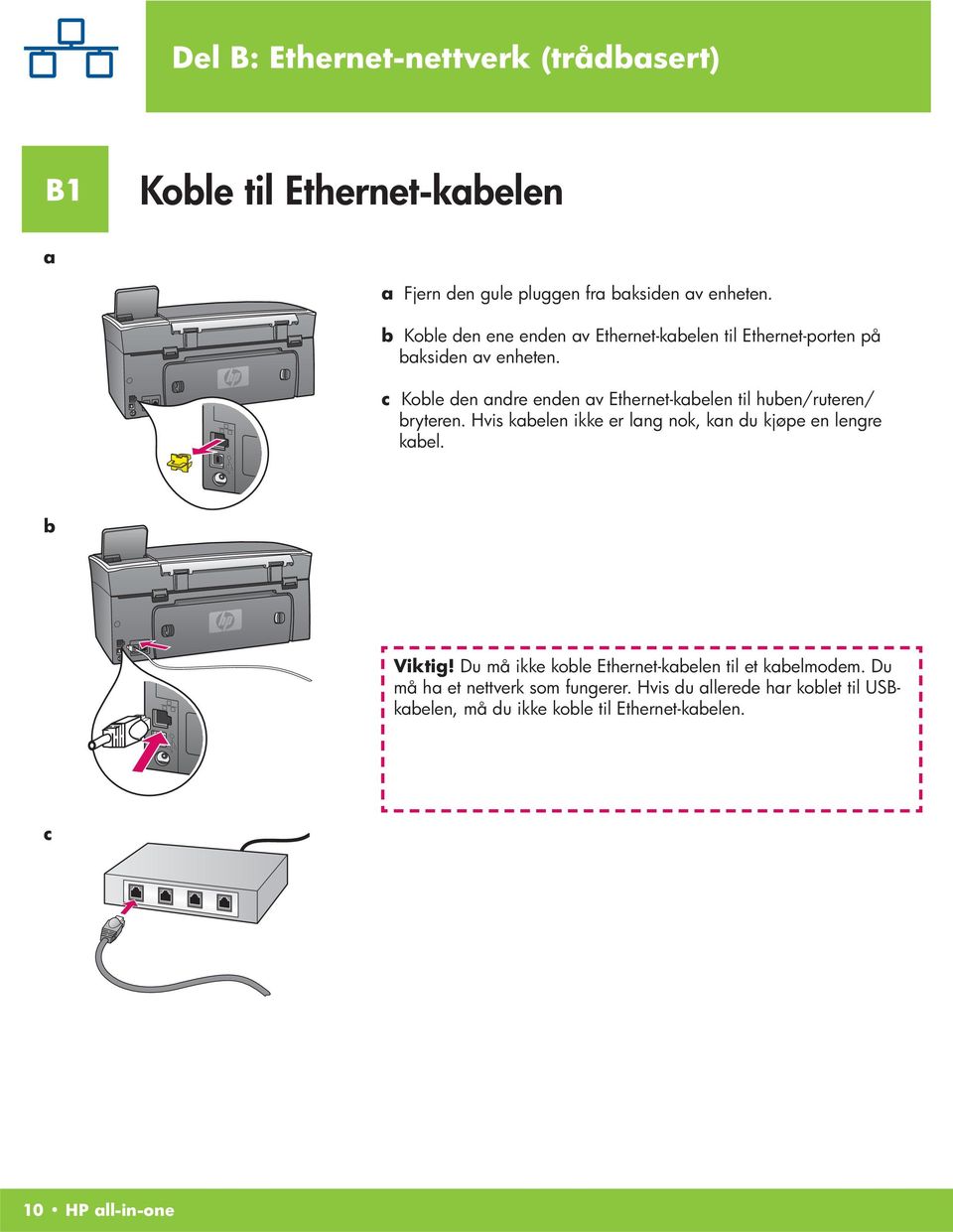 c Koble den andre enden av Ethernet-kabelen til huben/ruteren/ bryteren. Hvis kabelen ikke er lang nok, kan du kjøpe en lengre kabel.