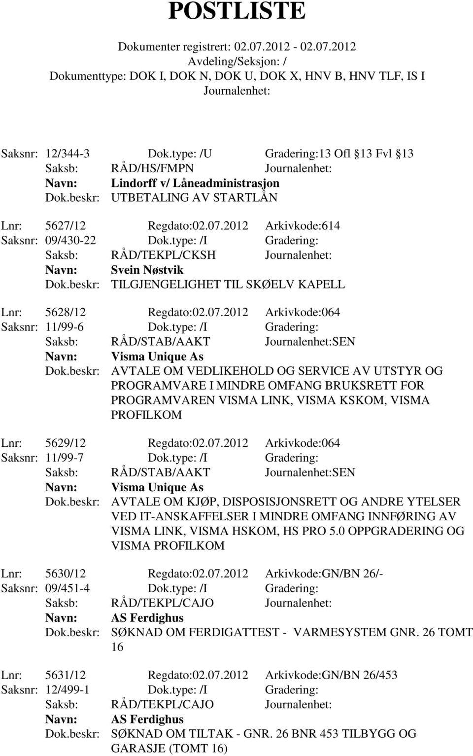2012 Arkivkode:064 Saksnr: 11/99-6 Dok.type: /I Gradering: Saksb: RÅD/STAB/AAKT SEN Navn: Visma Unique As Dok.