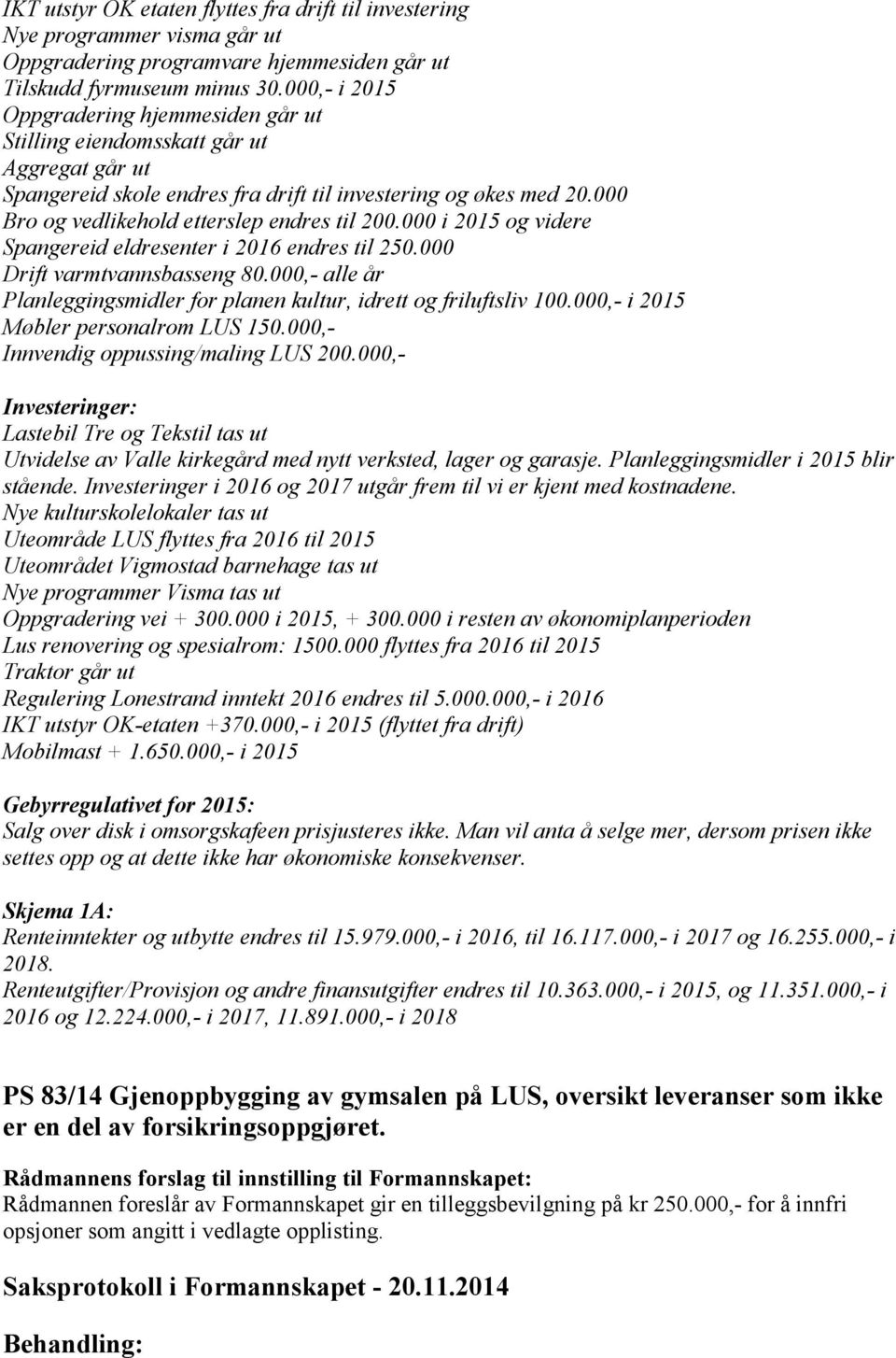 000 Bro og vedlikehold etterslep endres til 200.000 i 2015 og videre Spangereid eldresenter i 2016 endres til 250.000 Drift varmtvannsbasseng 80.